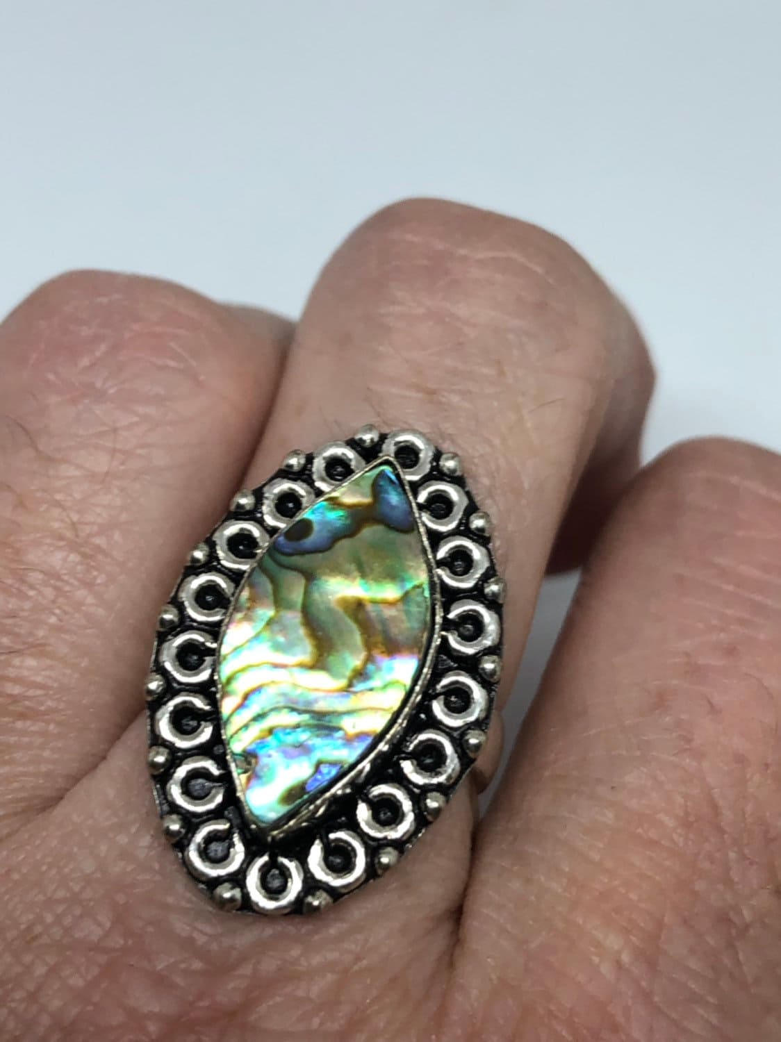 Antique Green Abalone Gothic Filigree Silver Ring