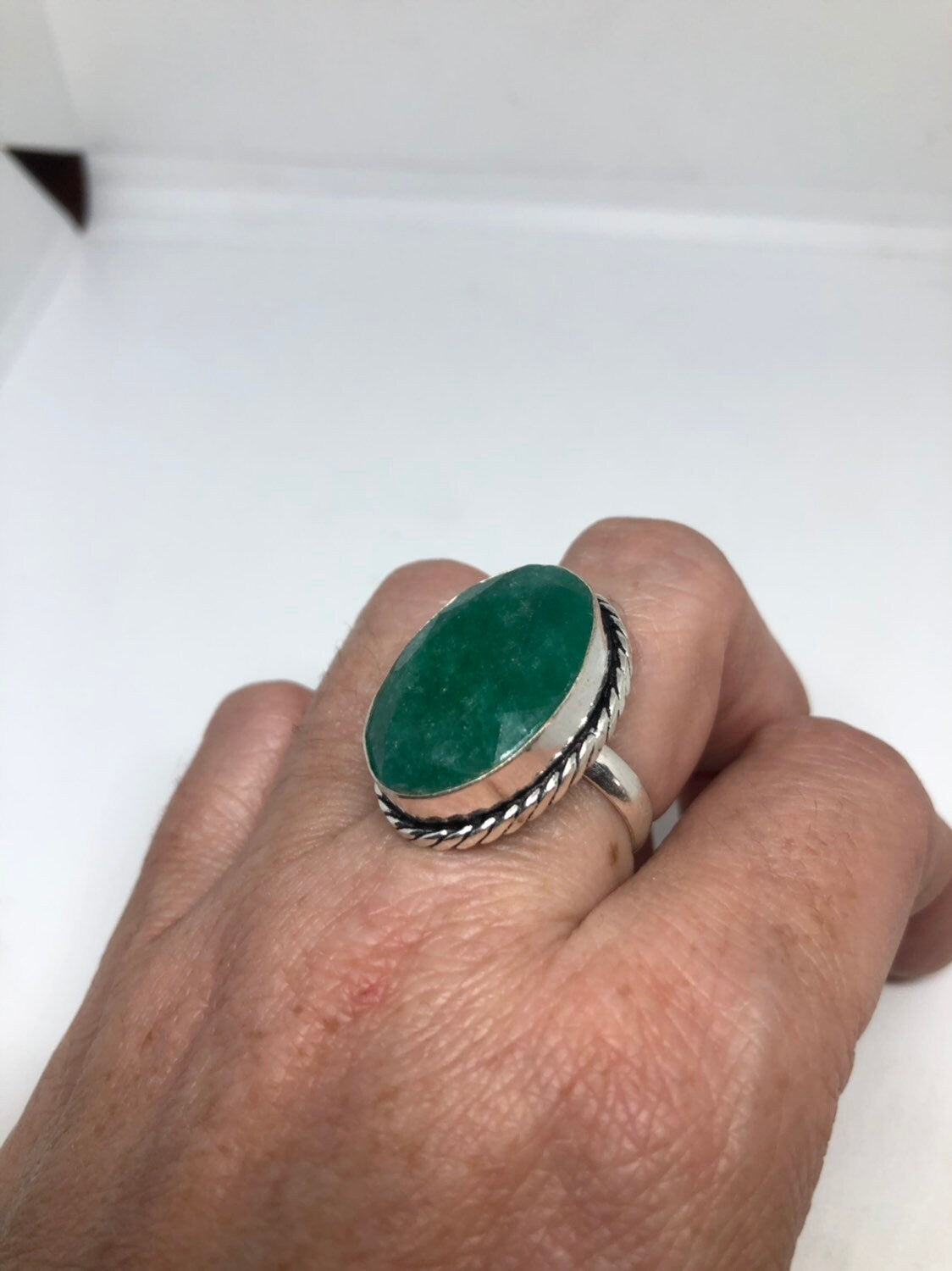 Vintage Green Raw Emerald Silver Bronze Statement Boho Ring