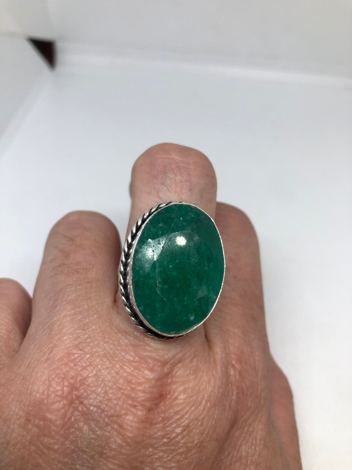 Vintage Green Raw Emerald Silver Bronze Statement Boho Ring