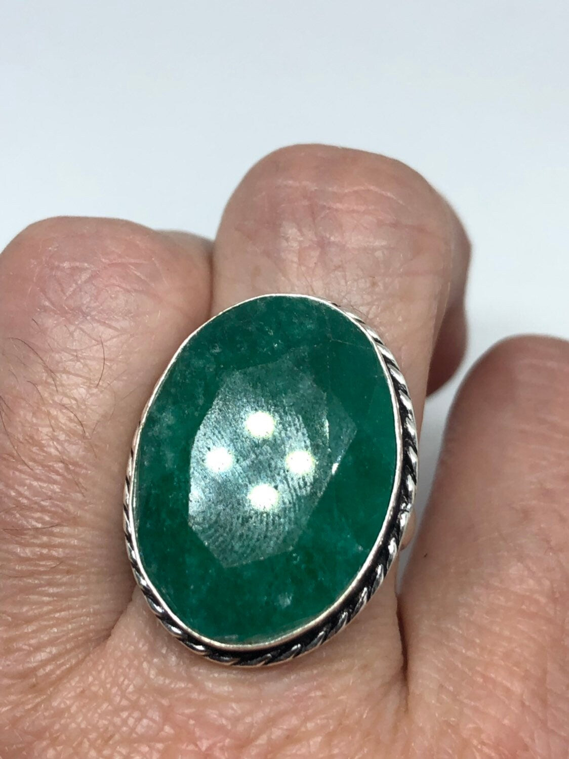 Vintage Green Raw Emerald Silver Bronze Statement Boho Ring