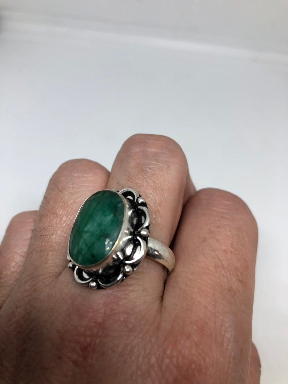 Vintage Green Raw Emerald Silver Bronze Statement Boho Ring