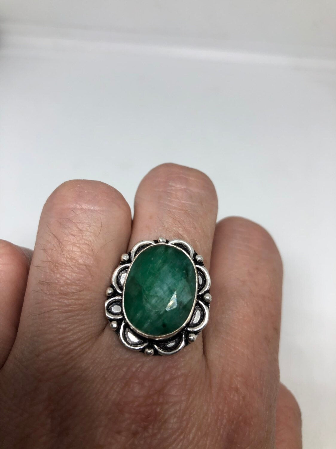 Vintage Green Raw Emerald Silver Bronze Statement Boho Ring