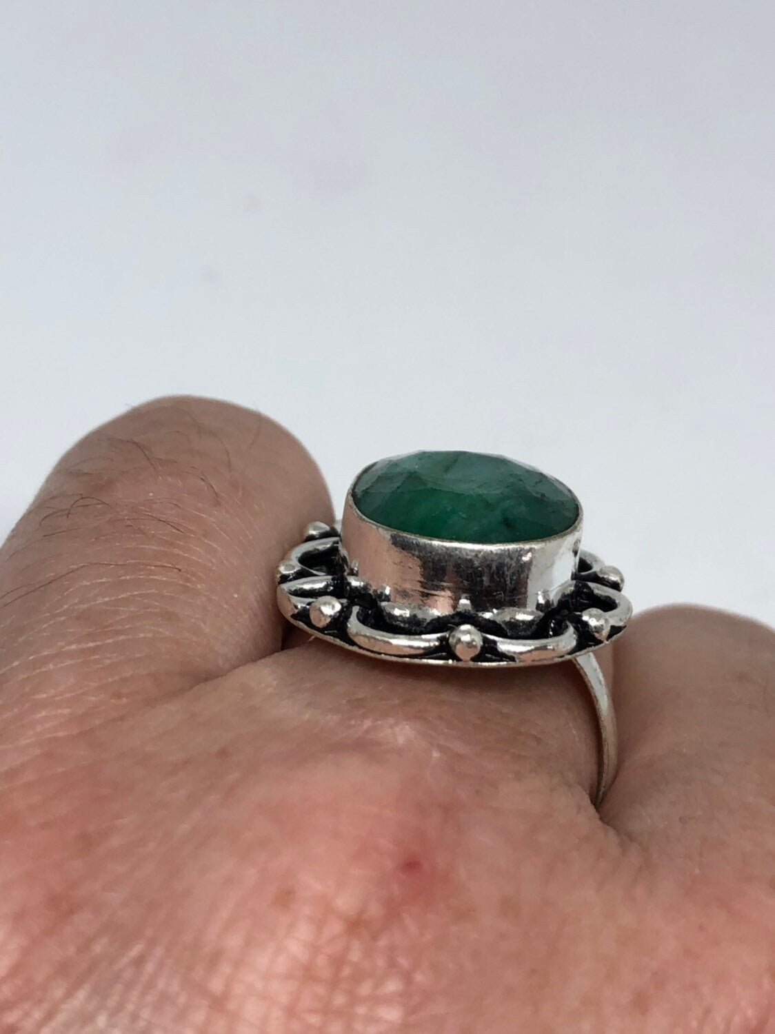 Vintage Green Raw Emerald Silver Bronze Statement Boho Ring