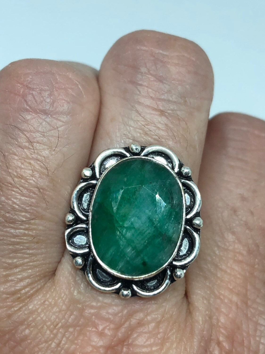 Vintage Green Raw Emerald Silver Bronze Statement Boho Ring