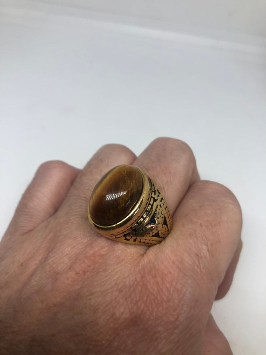 Vintage Gothic Golden Stainless Steel Genuine Tigers Eye Mens Ring