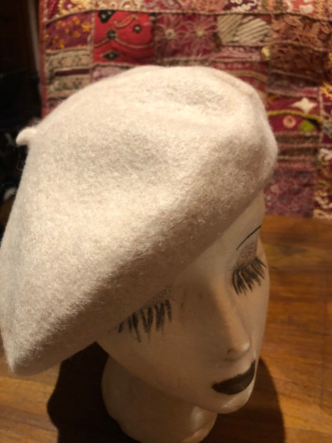 Vintage ivory Wool Felt 10 in Beret Hat