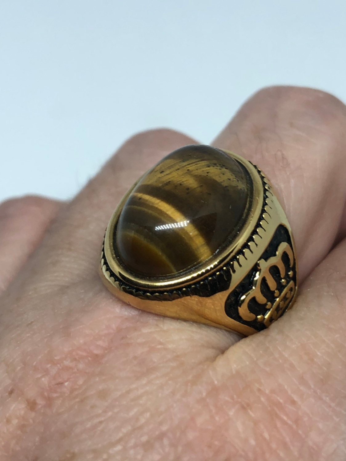 Vintage Gothic Gold Finished Stainless Steel Genuine Tigers Eye Crown Ring