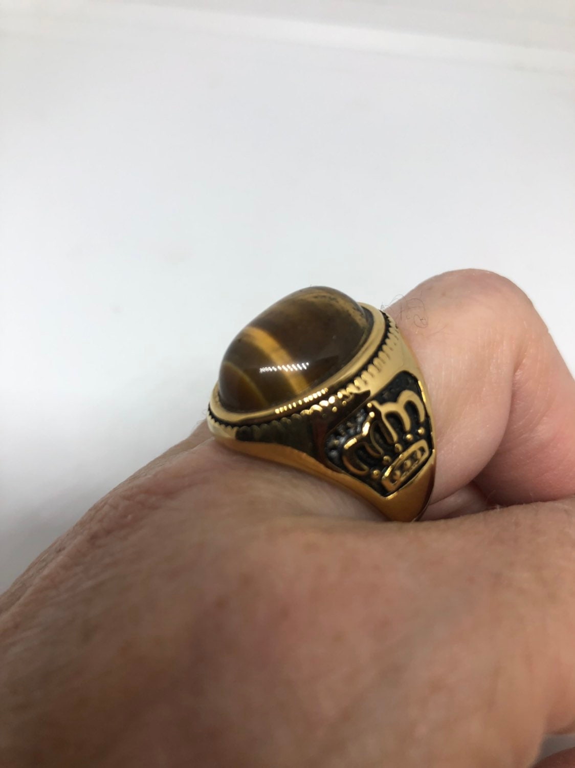 Vintage Gothic Gold Finished Stainless Steel Genuine Tigers Eye Crown Ring