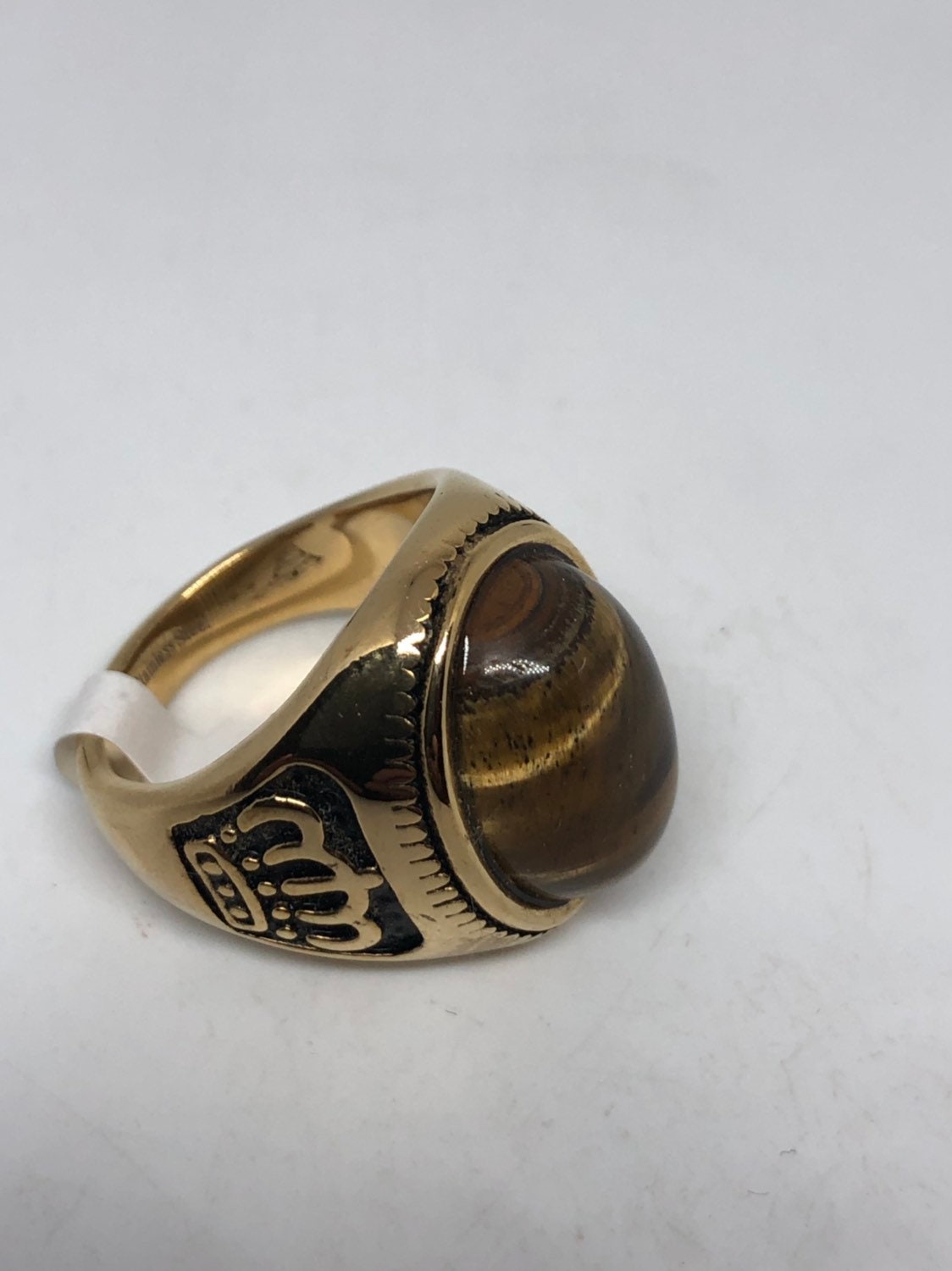 Vintage Gothic Gold Finished Stainless Steel Genuine Tigers Eye Crown Ring