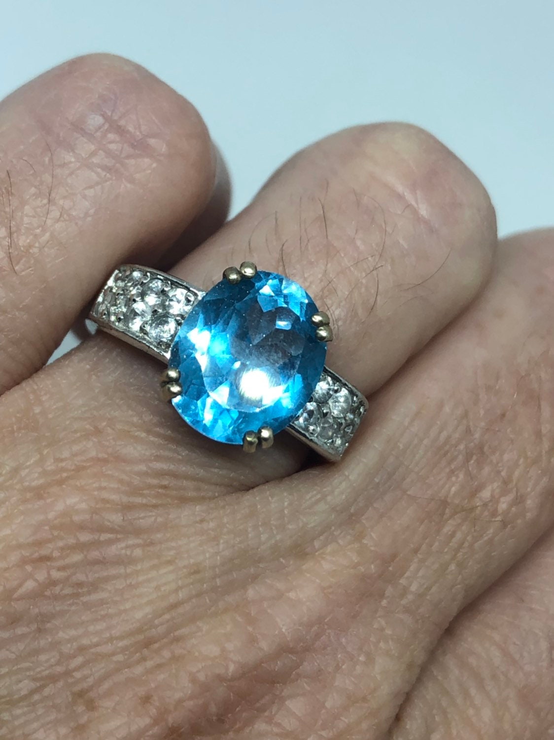 Vintage Genuine Blue Topaz 925 Sterling Silver Rhodium Ring