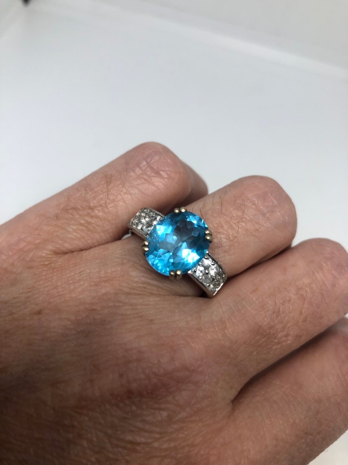 Vintage Genuine Blue Topaz 925 Sterling Silver Rhodium Ring