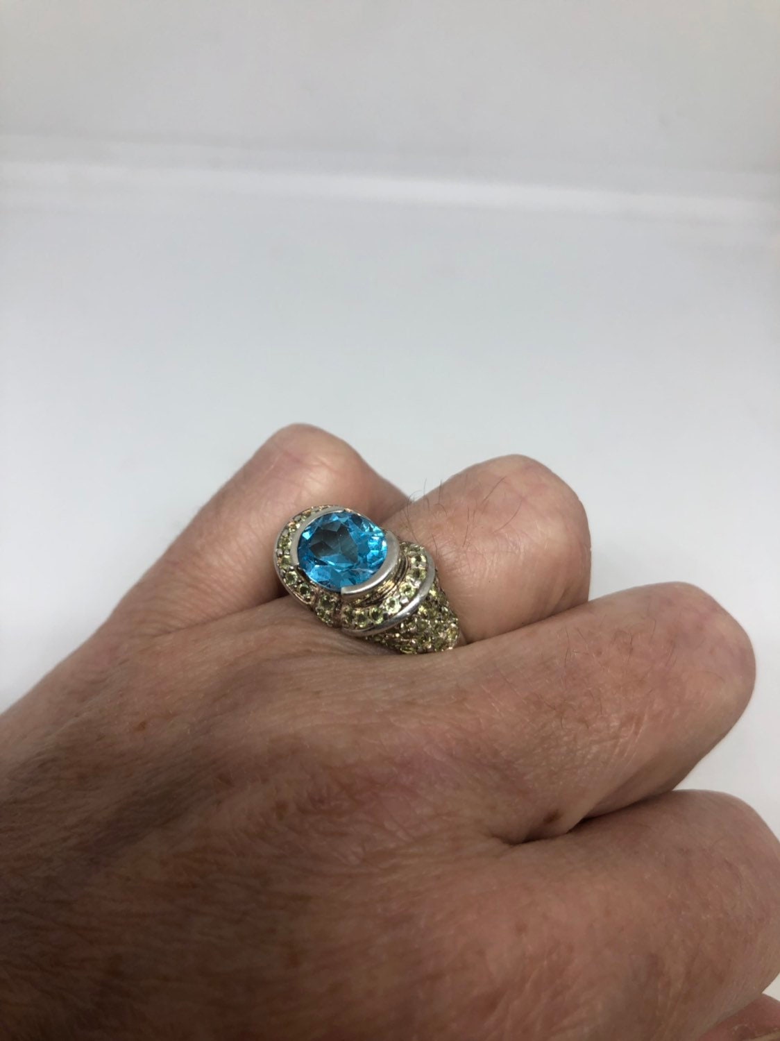 Vintage Genuine Blue Topaz 925 Sterling Silver Golden Rhodium Ring