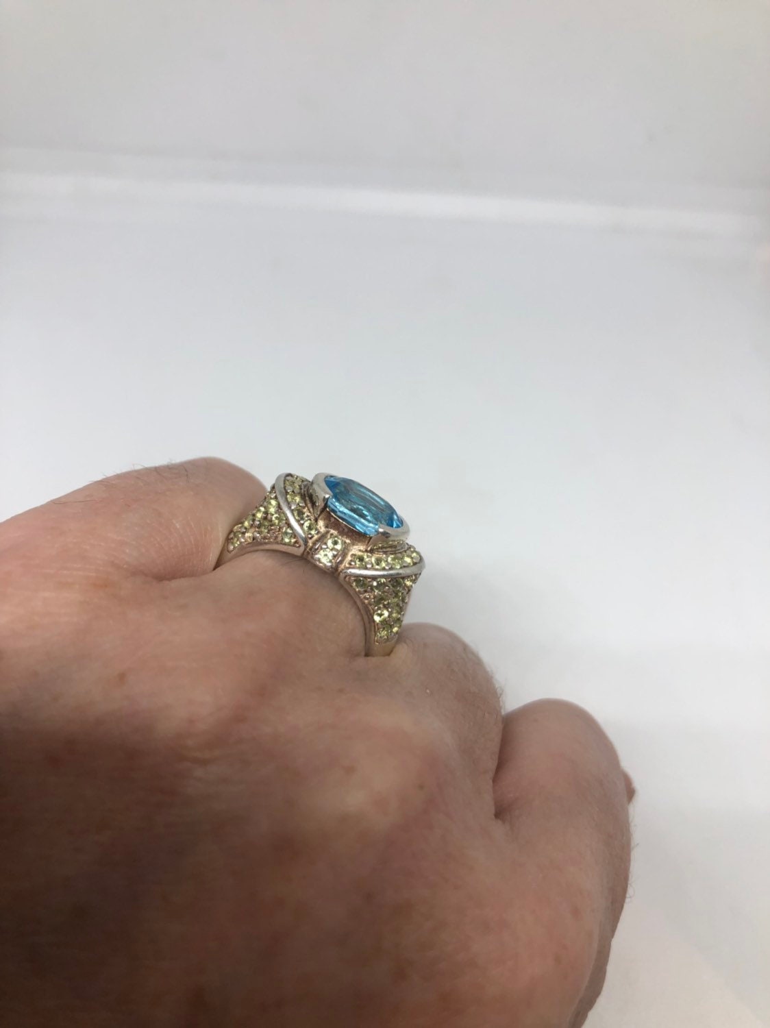 Vintage Genuine Blue Topaz 925 Sterling Silver Golden Rhodium Ring