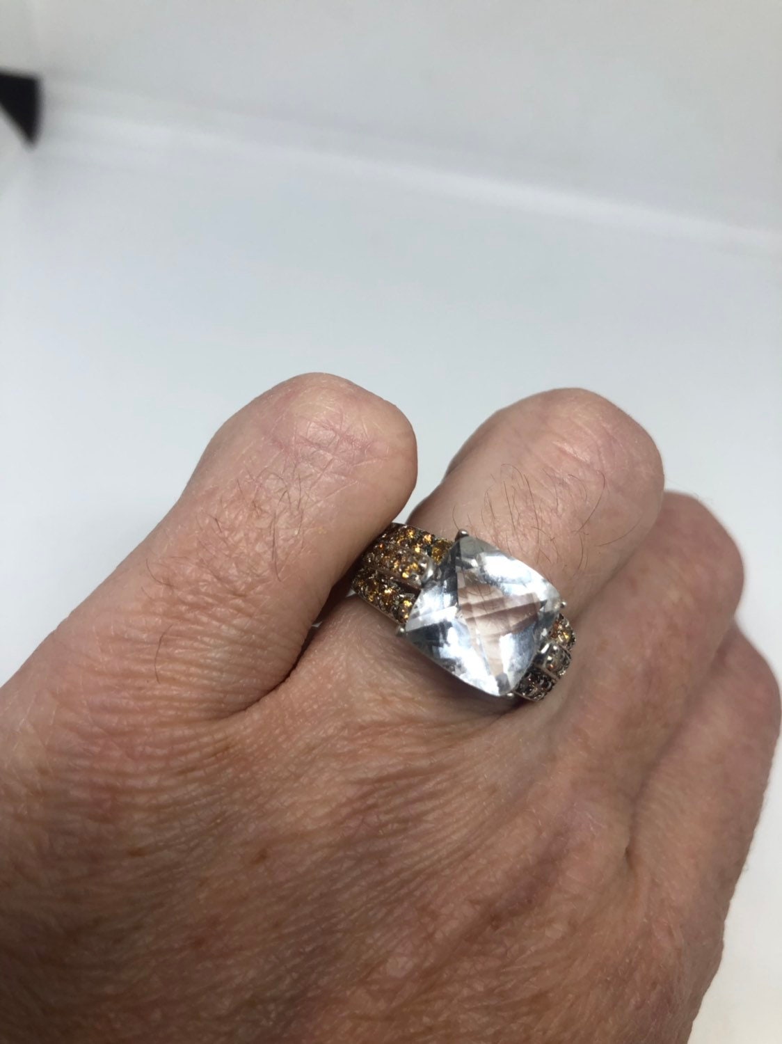 Vintage White Sapphire Crystal Citrine Sterling Silver Ring