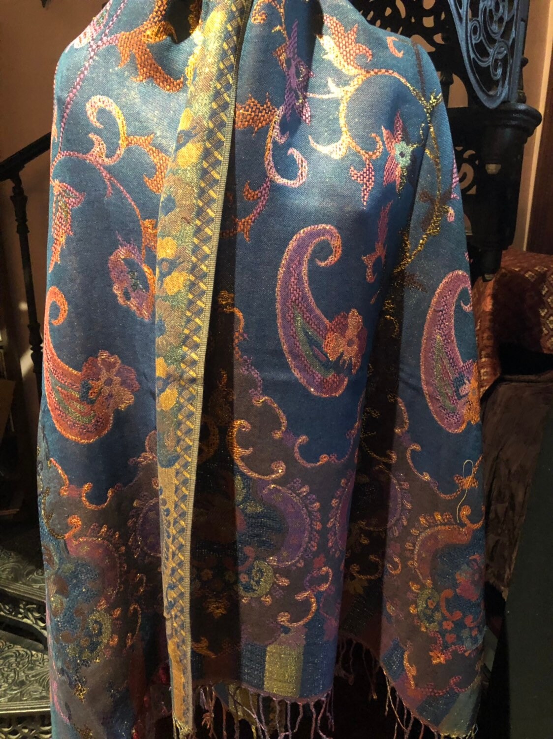 Golden Vintage Blue Green Gold Metallic Paisley Brocade Pashmina Scarf Wrap