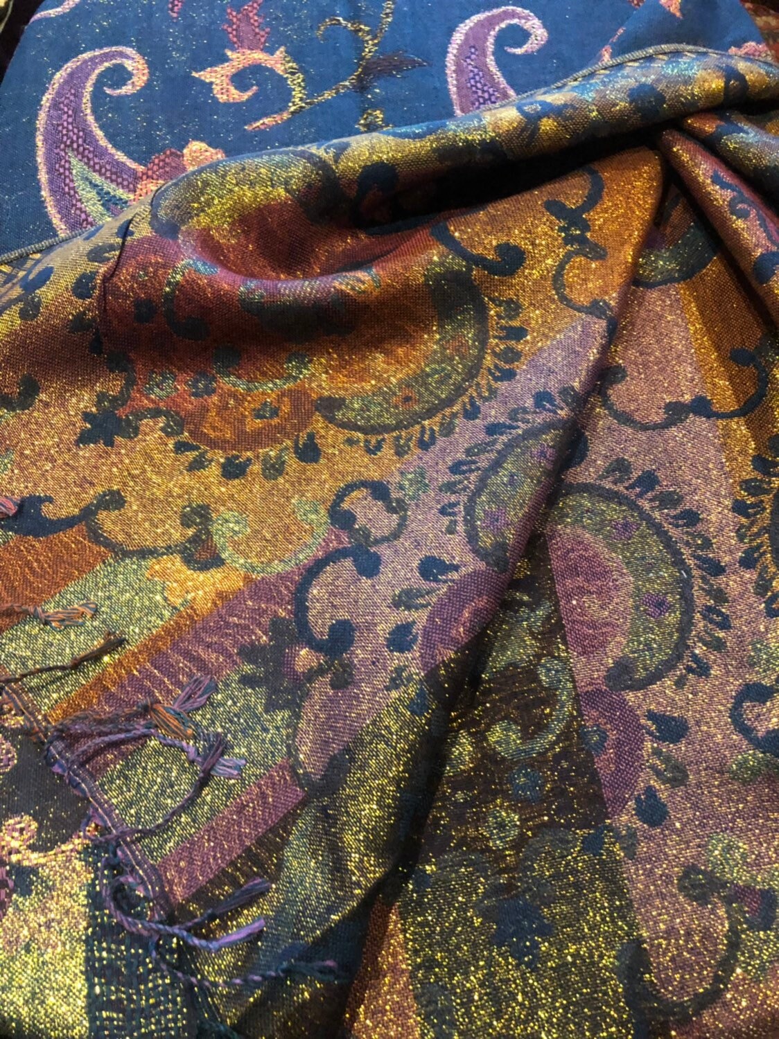Golden Vintage Blue Green Gold Metallic Paisley Brocade Pashmina Scarf Wrap