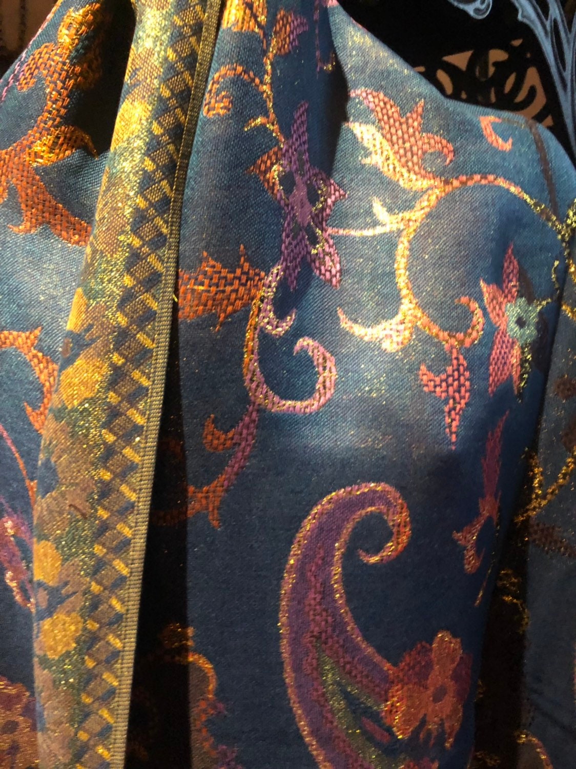 Golden Vintage Blue Green Gold Metallic Paisley Brocade Pashmina Scarf Wrap