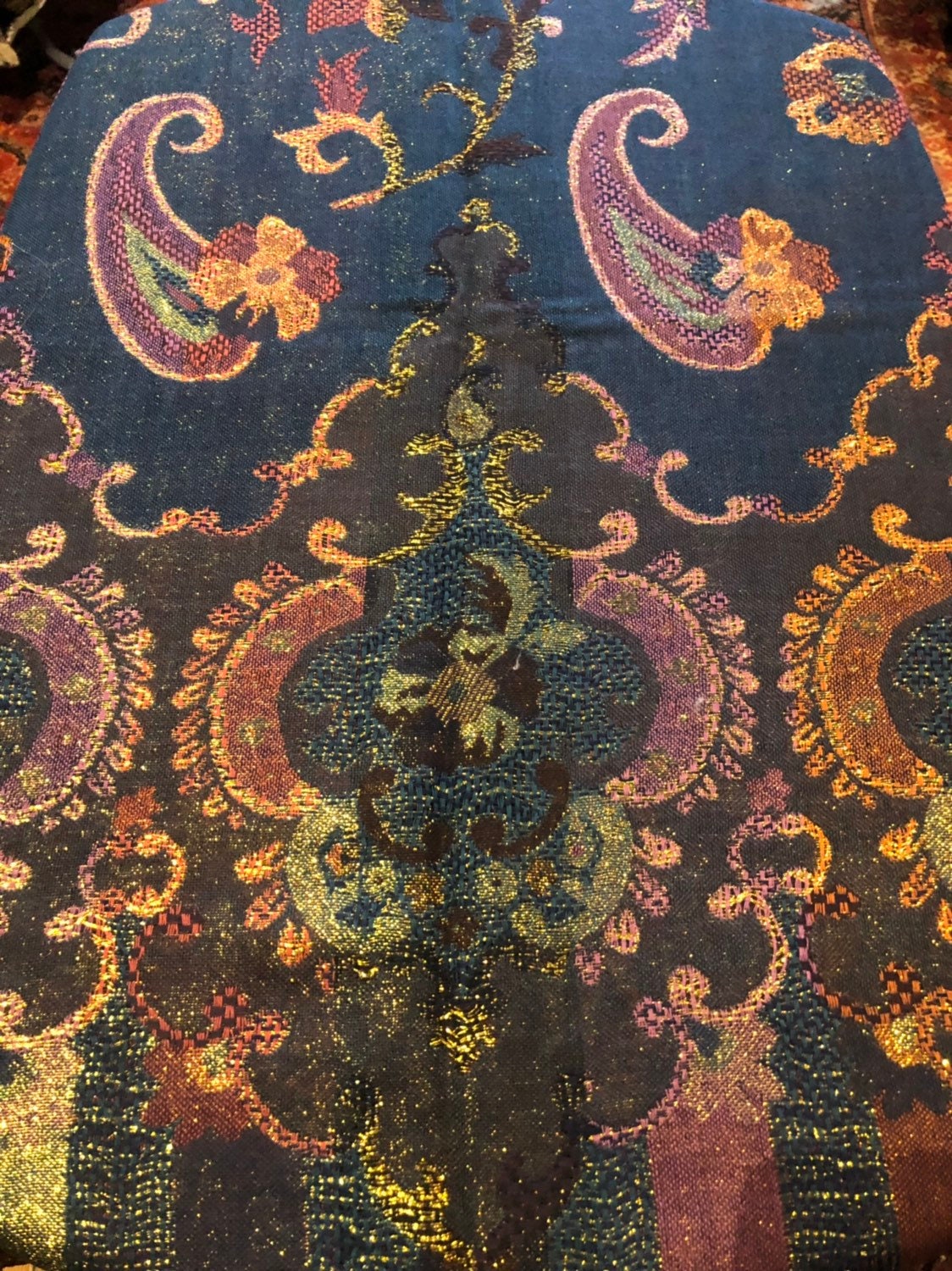 Golden Vintage Blue Green Gold Metallic Paisley Brocade Pashmina Scarf Wrap