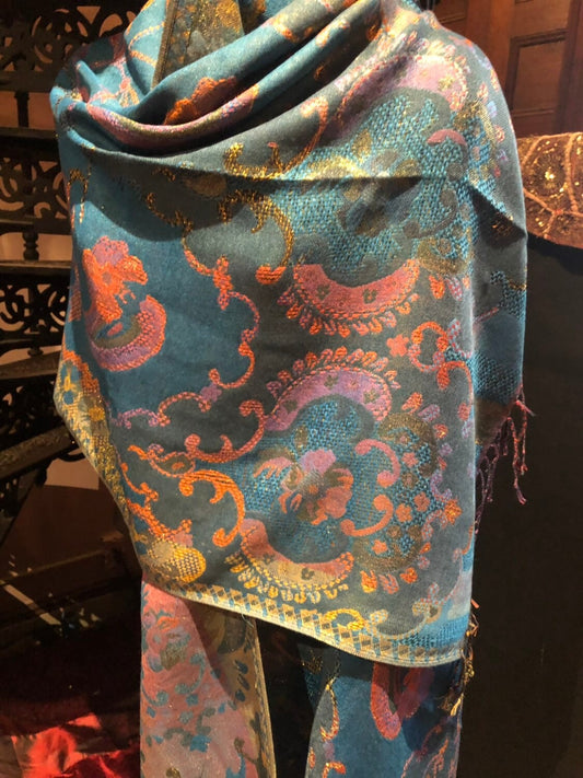 Golden Vintage Blue Green Gold Metallic Paisley Brocade Pashmina Scarf Wrap