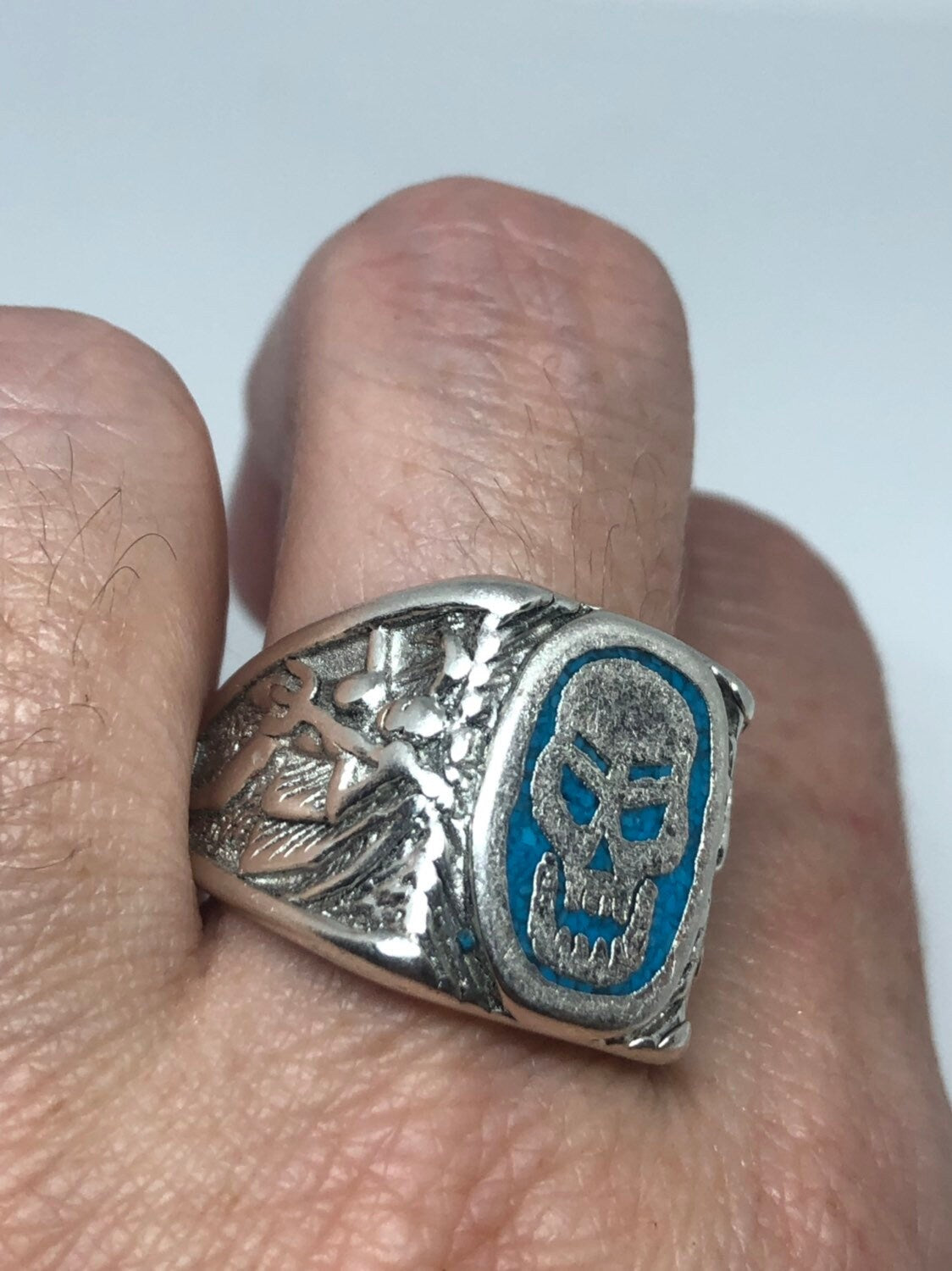 Vintage Mens Skull Ring Gothic Southwestern Turquoise Inlay