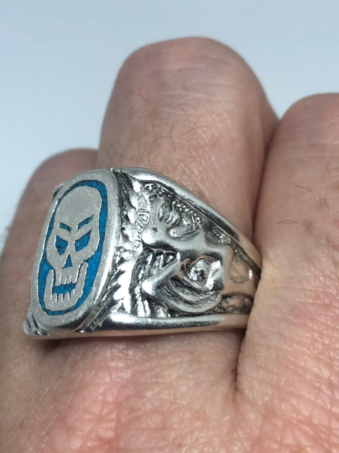 Vintage Mens Skull Ring Gothic Southwestern Turquoise Inlay