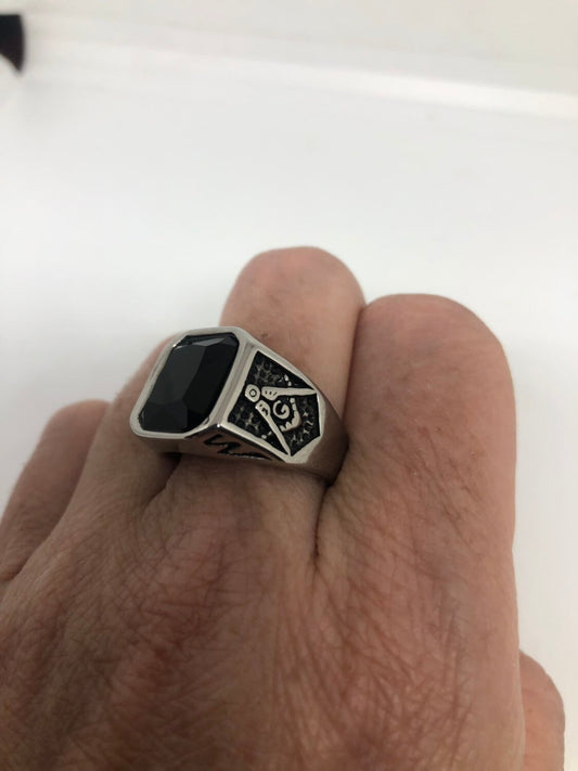 Vintage Gothic Silver Stainless Steel Genuine Black Onyx Free Mason Mens Ring