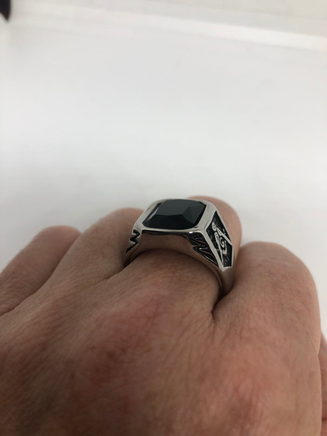 Vintage Gothic Silver Stainless Steel Genuine Black Onyx Free Mason Mens Ring