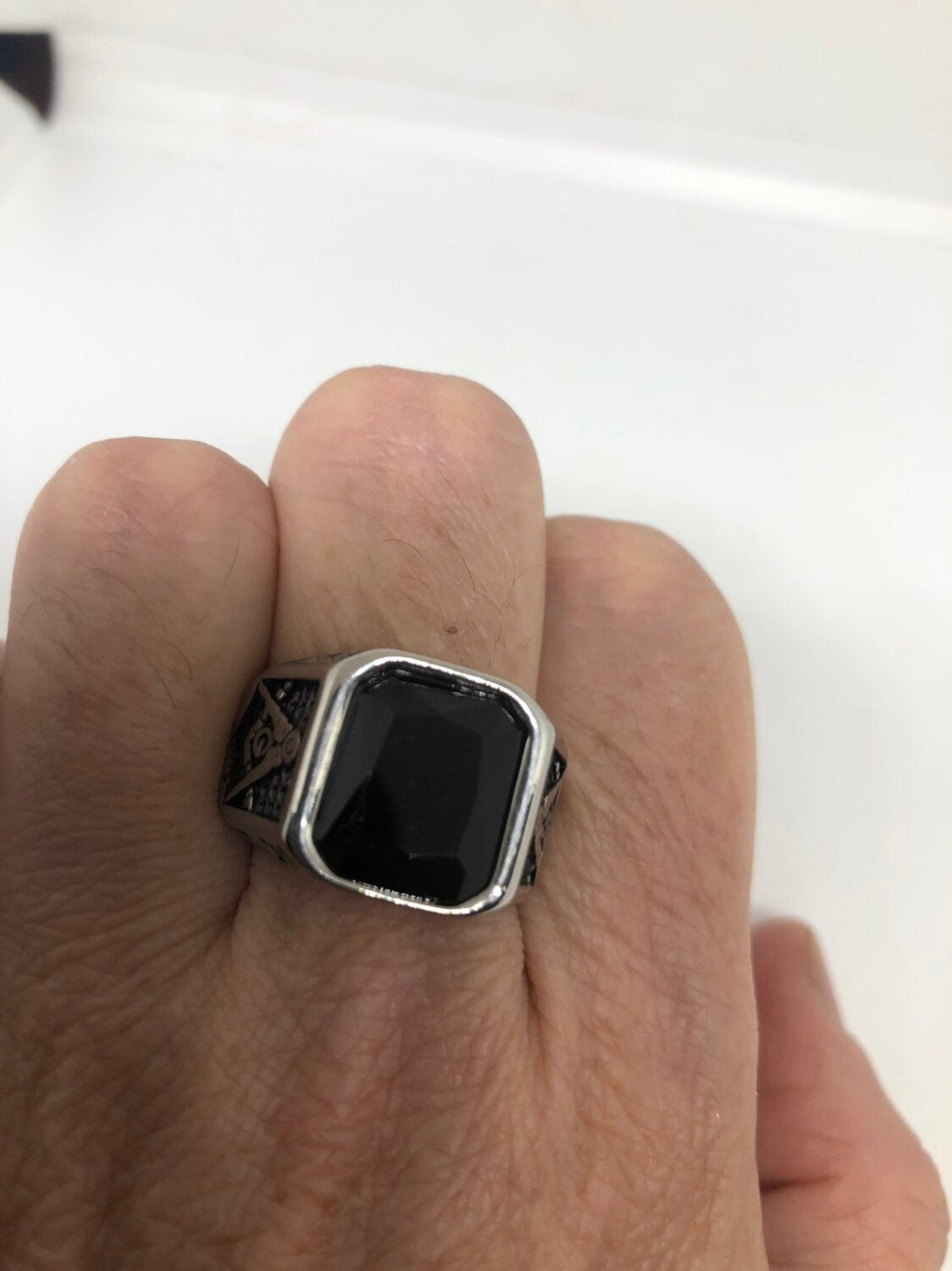 Vintage Gothic Silver Stainless Steel Genuine Black Onyx Free Mason Mens Ring