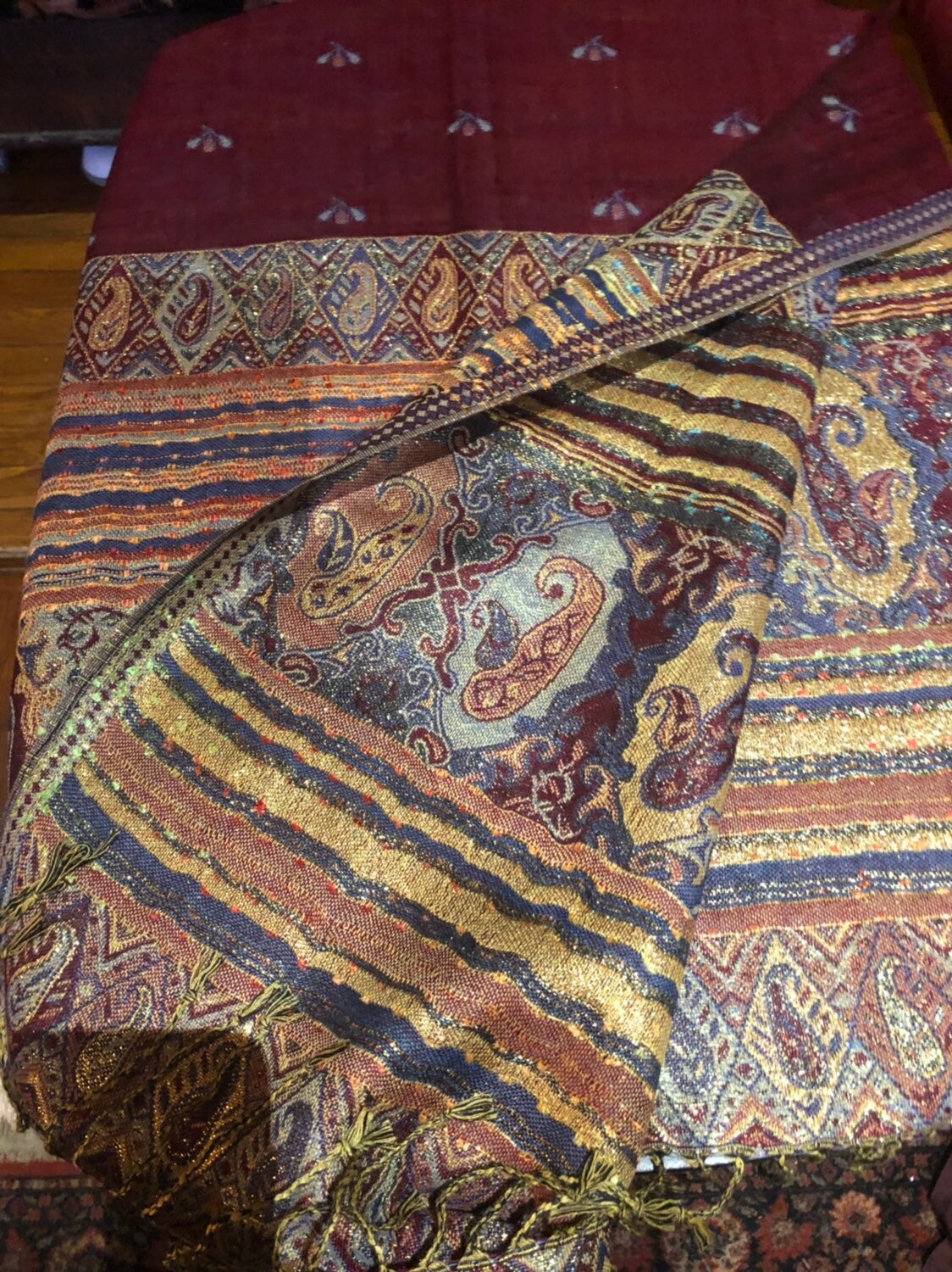 Vintage Burgudy Red Metallic Gold Paisley Brocade Pashmina Scarf Wrap