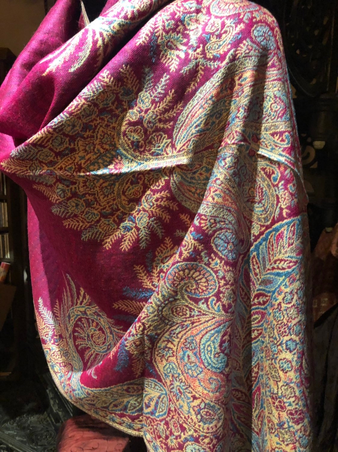 Vintage Fuscia Pink Paisley Brocade Pashmina Scarf Wrap