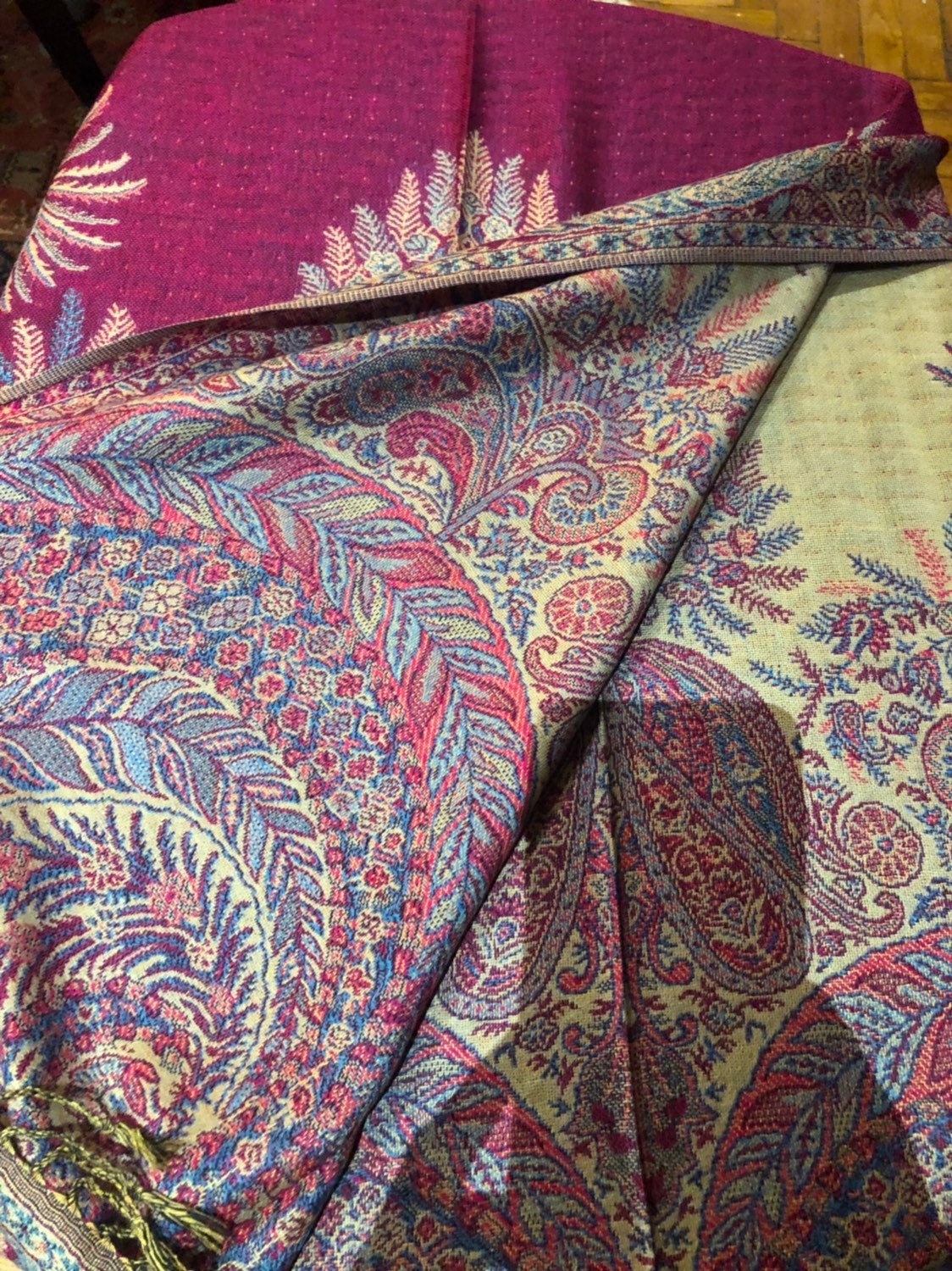 Vintage Fuscia Pink Paisley Brocade Pashmina Scarf Wrap