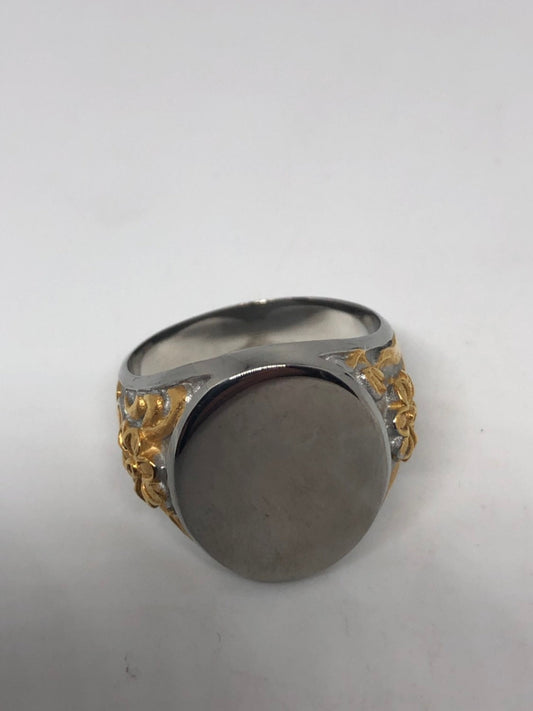 Vintage Silver and Gold Stainless Steel Momgram Engravable Mens Ring