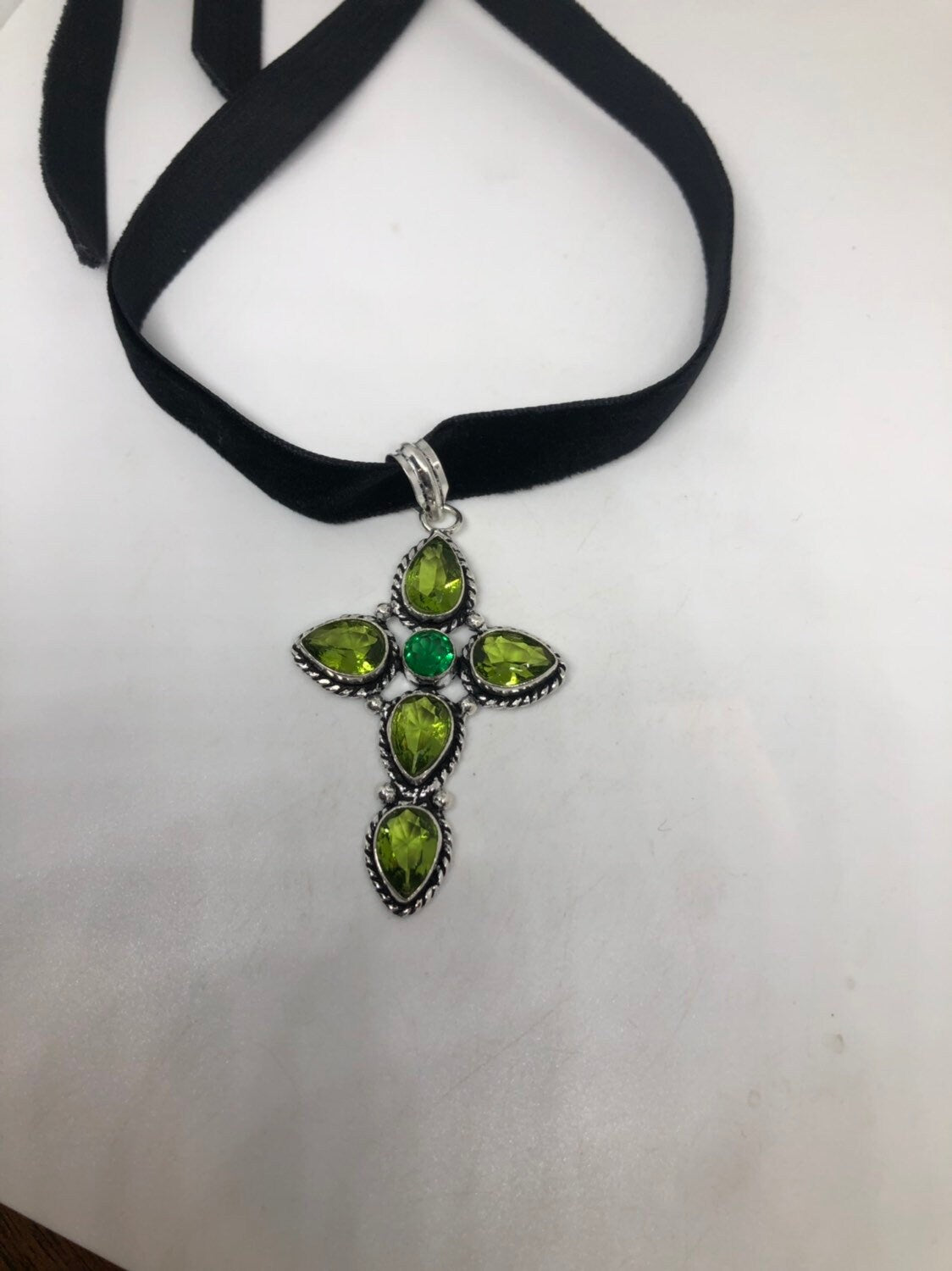 Vintage Silver Genuine Peridot Cross Pendant