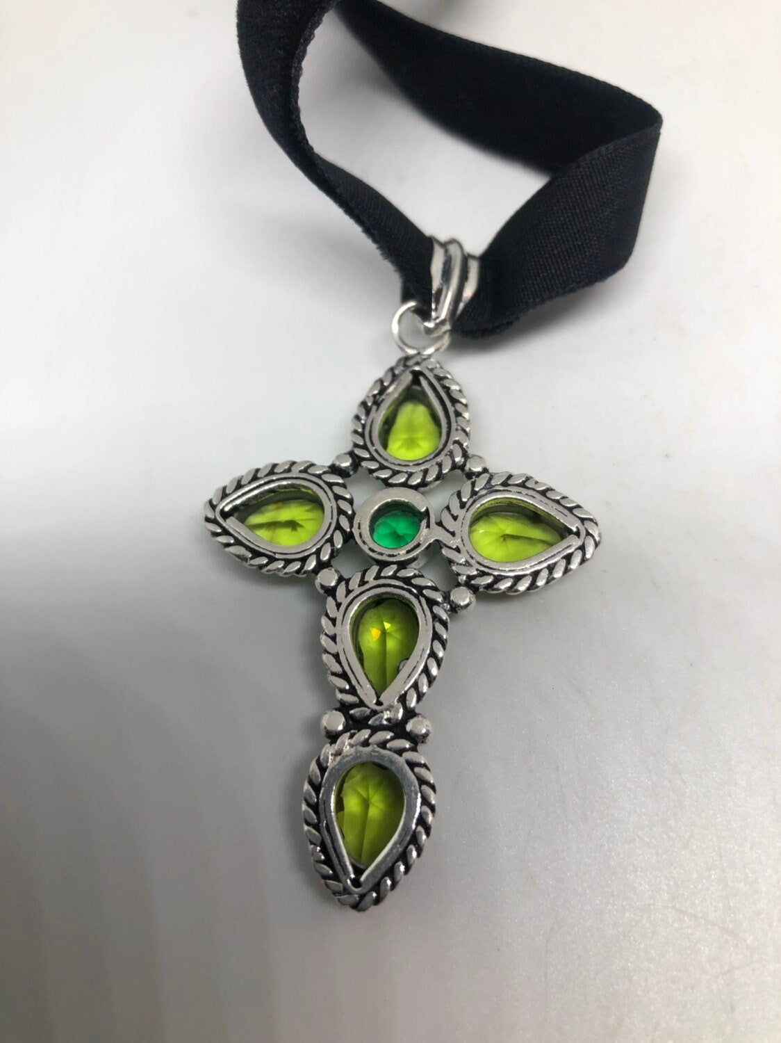 Vintage Silver Genuine Peridot Cross Pendant