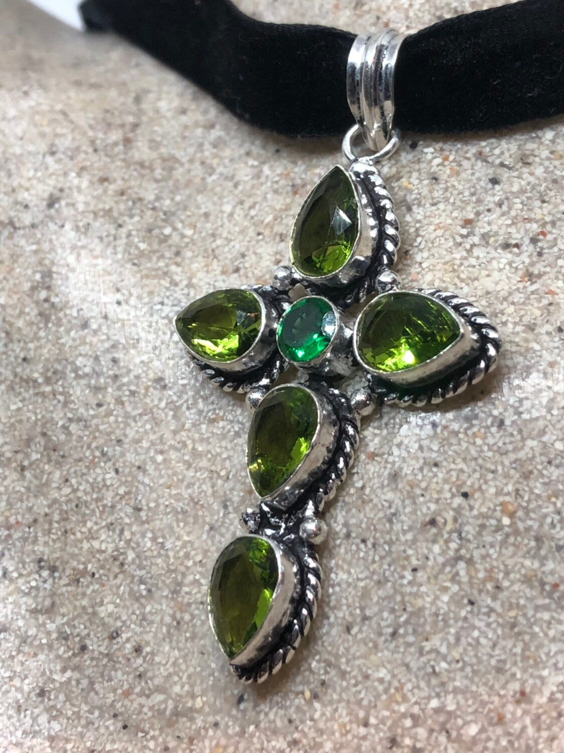 Vintage Silver Genuine Peridot Cross Pendant