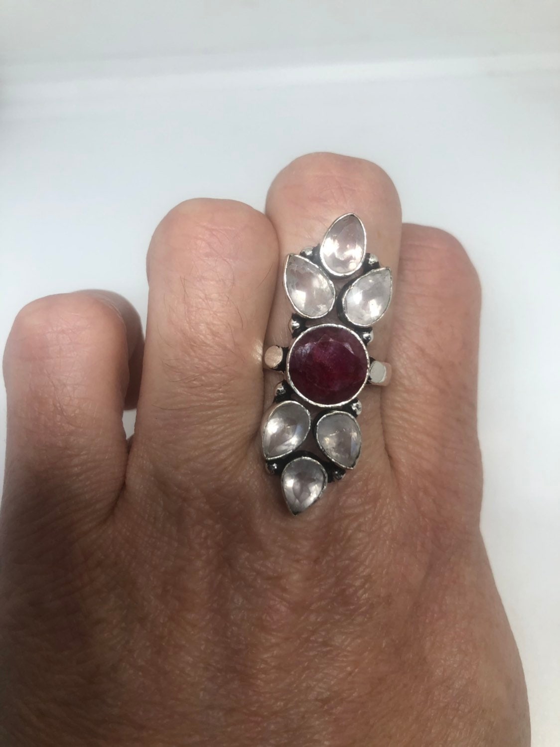 Vintage Genuine Rose Quartz Ruby Ring Silver Statement