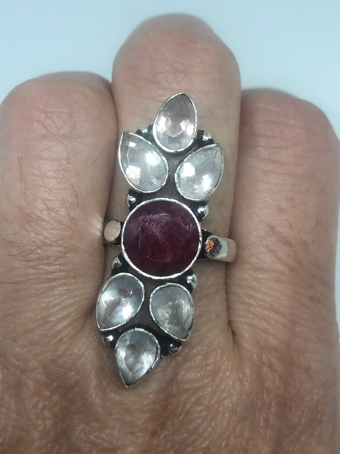 Vintage Genuine Rose Quartz Ruby Ring Silver Statement