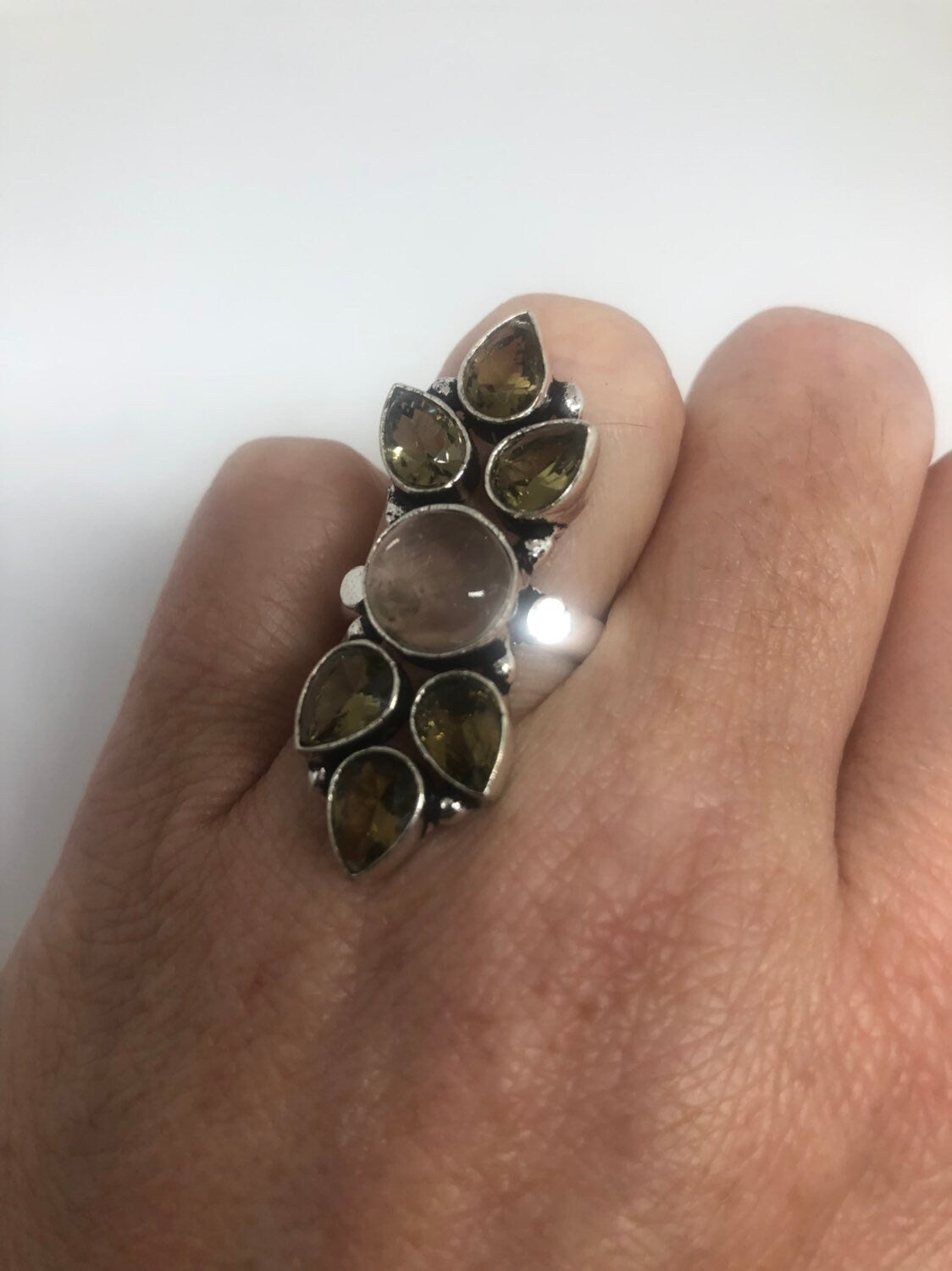Vintage Genuine Rose Quartz And Topaz Ring Silver Statement