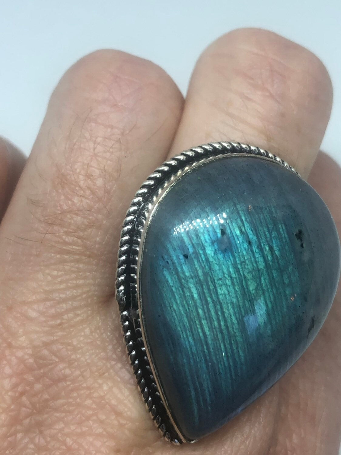 Vintage Blue Green Labradorite Stone Silver Ring