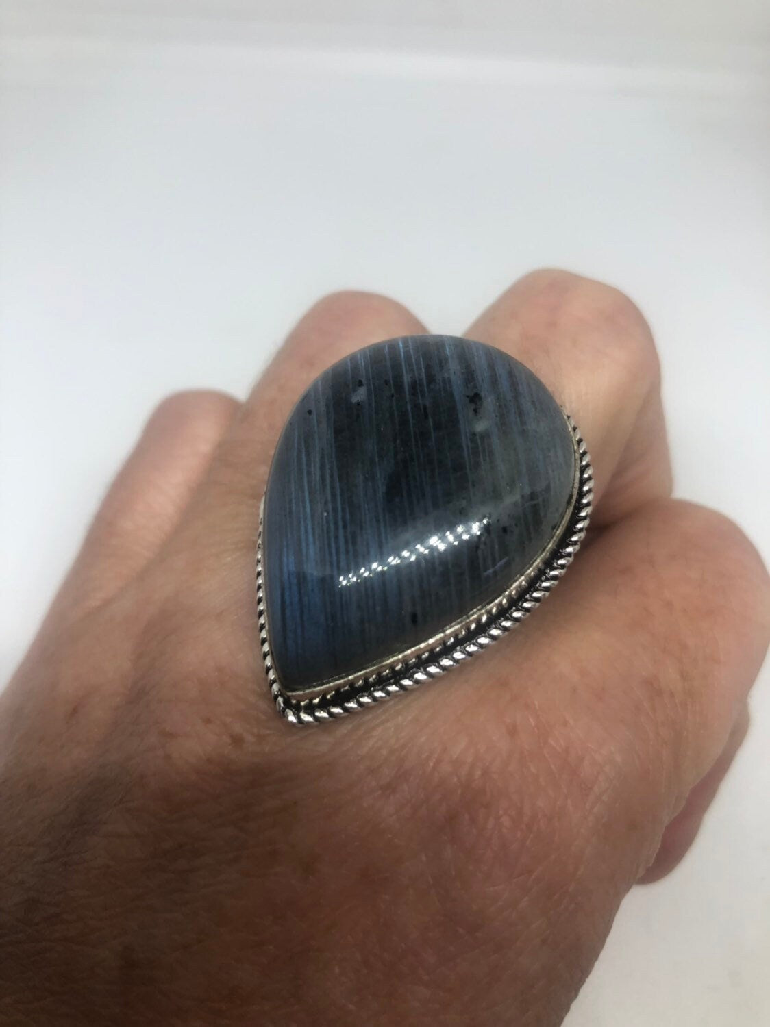 Vintage Blue Green Labradorite Stone Silver Ring