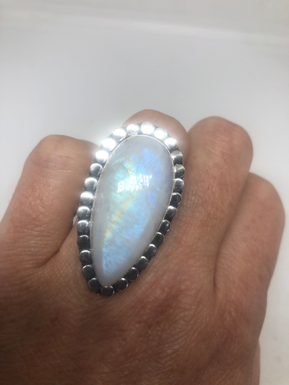 Vintage Genuine Blue White Rainbow Moonstone Ring