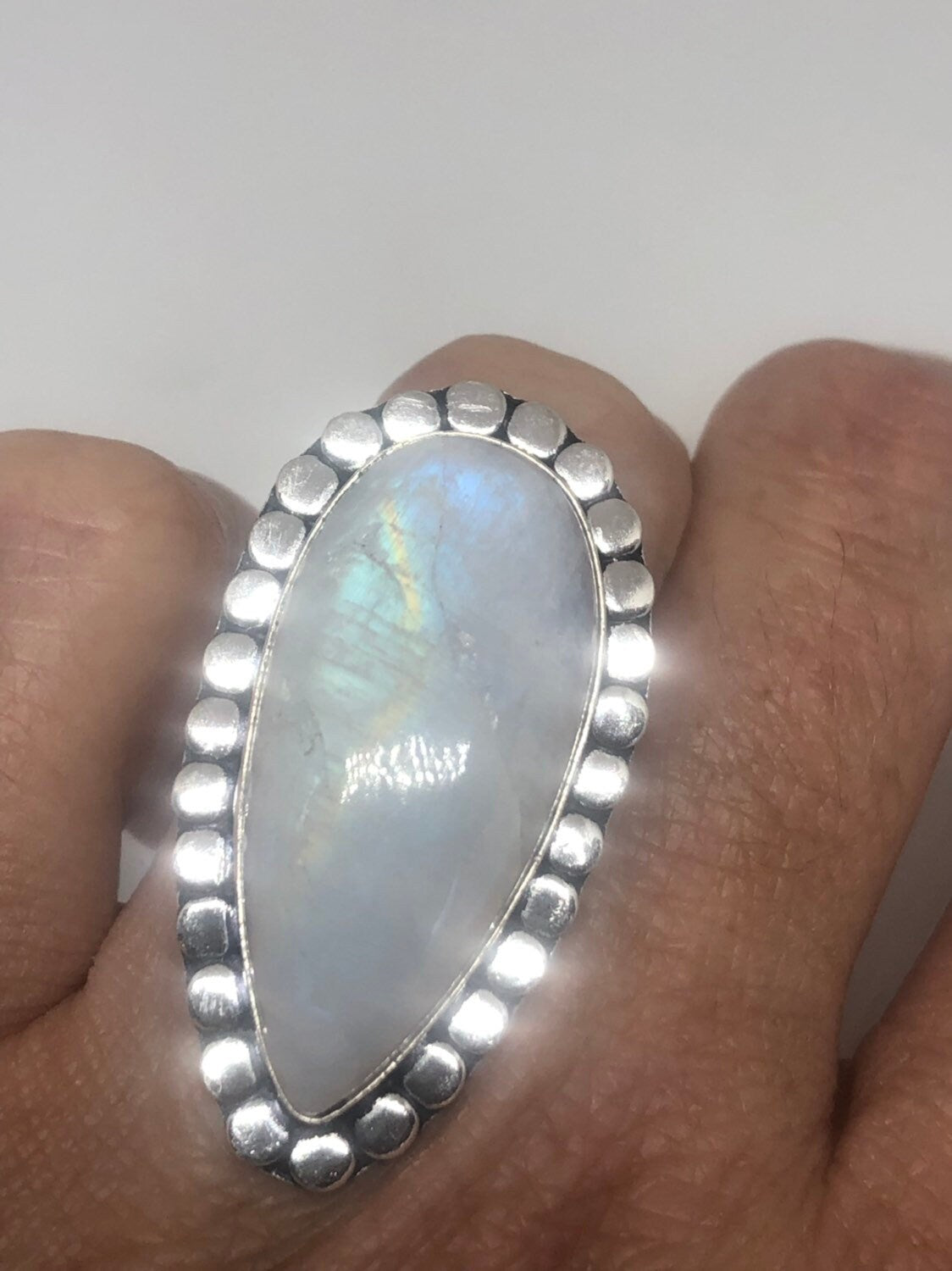 Vintage Genuine Blue White Rainbow Moonstone Ring