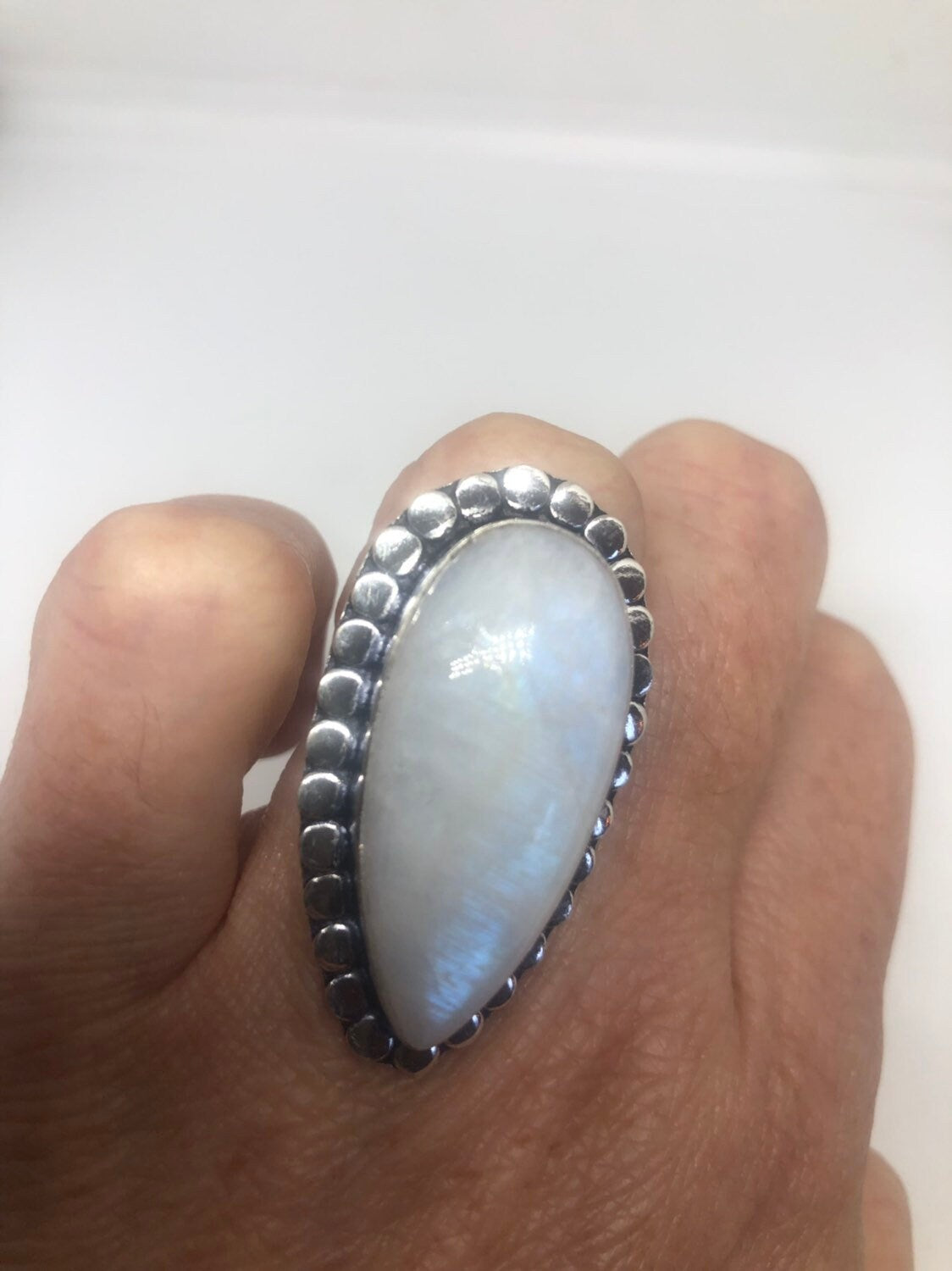 Vintage Genuine Blue White Rainbow Moonstone Ring