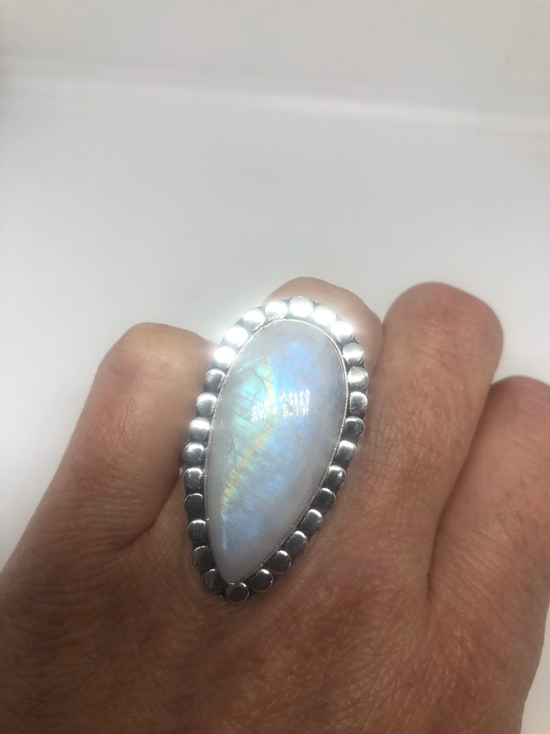 Vintage Genuine Blue White Rainbow Moonstone Ring