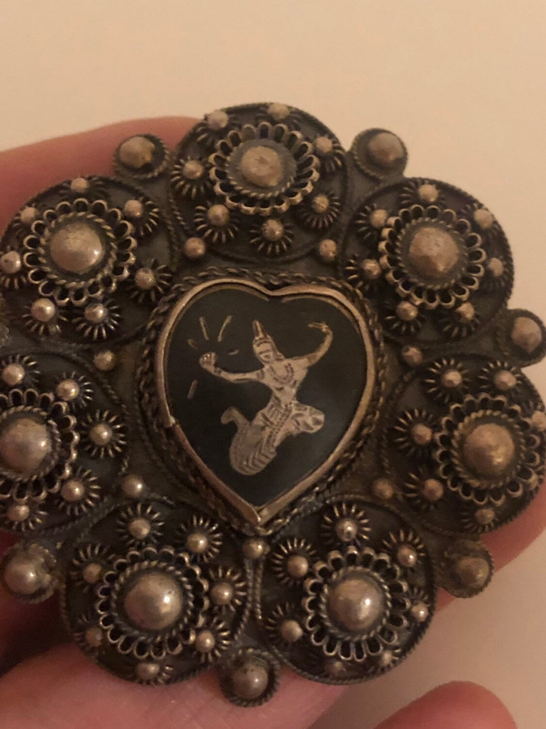 Vintage Hand Made Dancing Goddess Siam 925 Sterling Silver Heart Brooch Pin