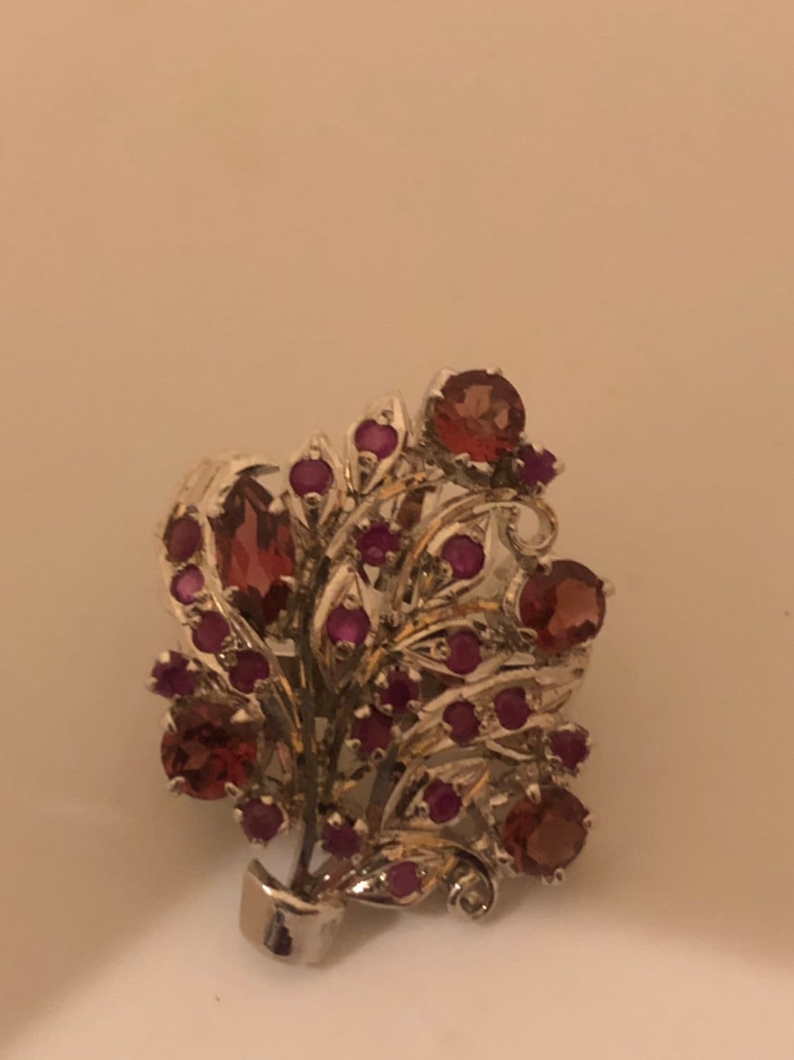 Vintage Handmade Genuine Rhodolite Garnet and Ruby 925 Sterling Silver Rhodium Brooch Pendant