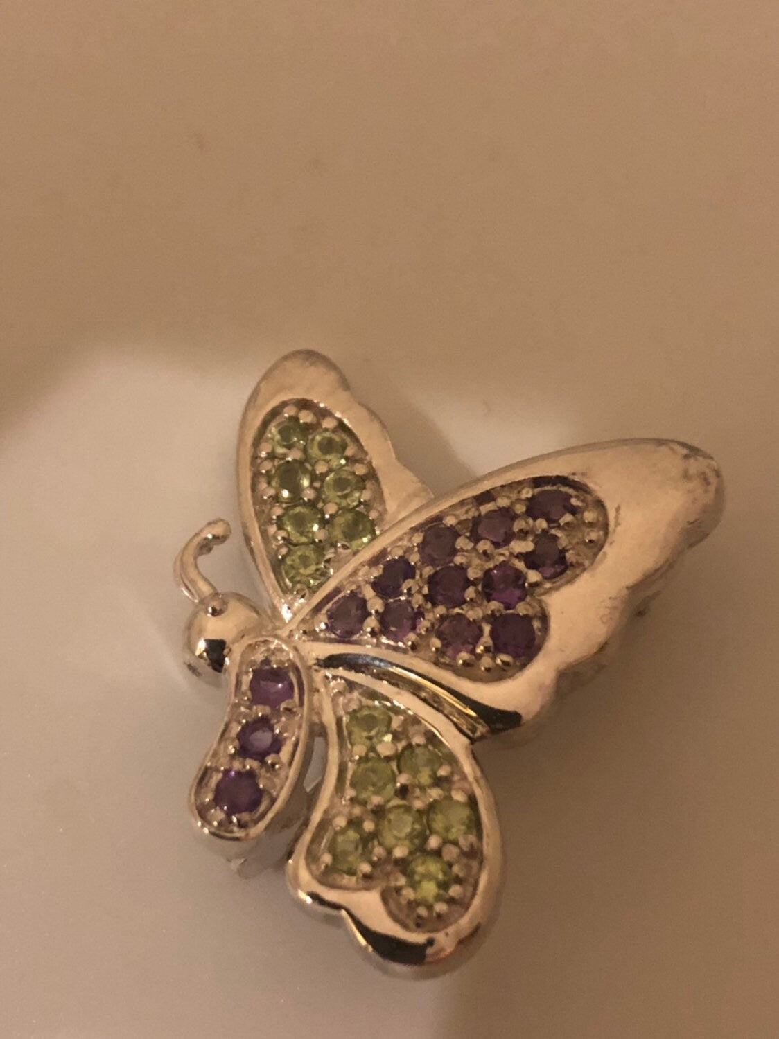 Vintage Handmade Peridot and Amethyst Sterling Silver Butterfly Brooch