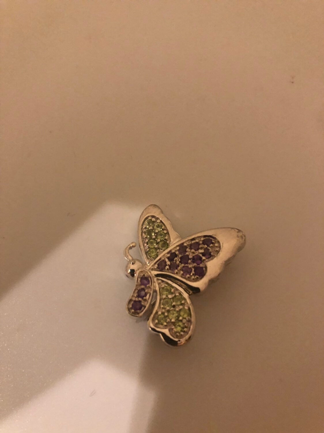 Vintage Handmade Peridot and Amethyst Sterling Silver Butterfly Brooch