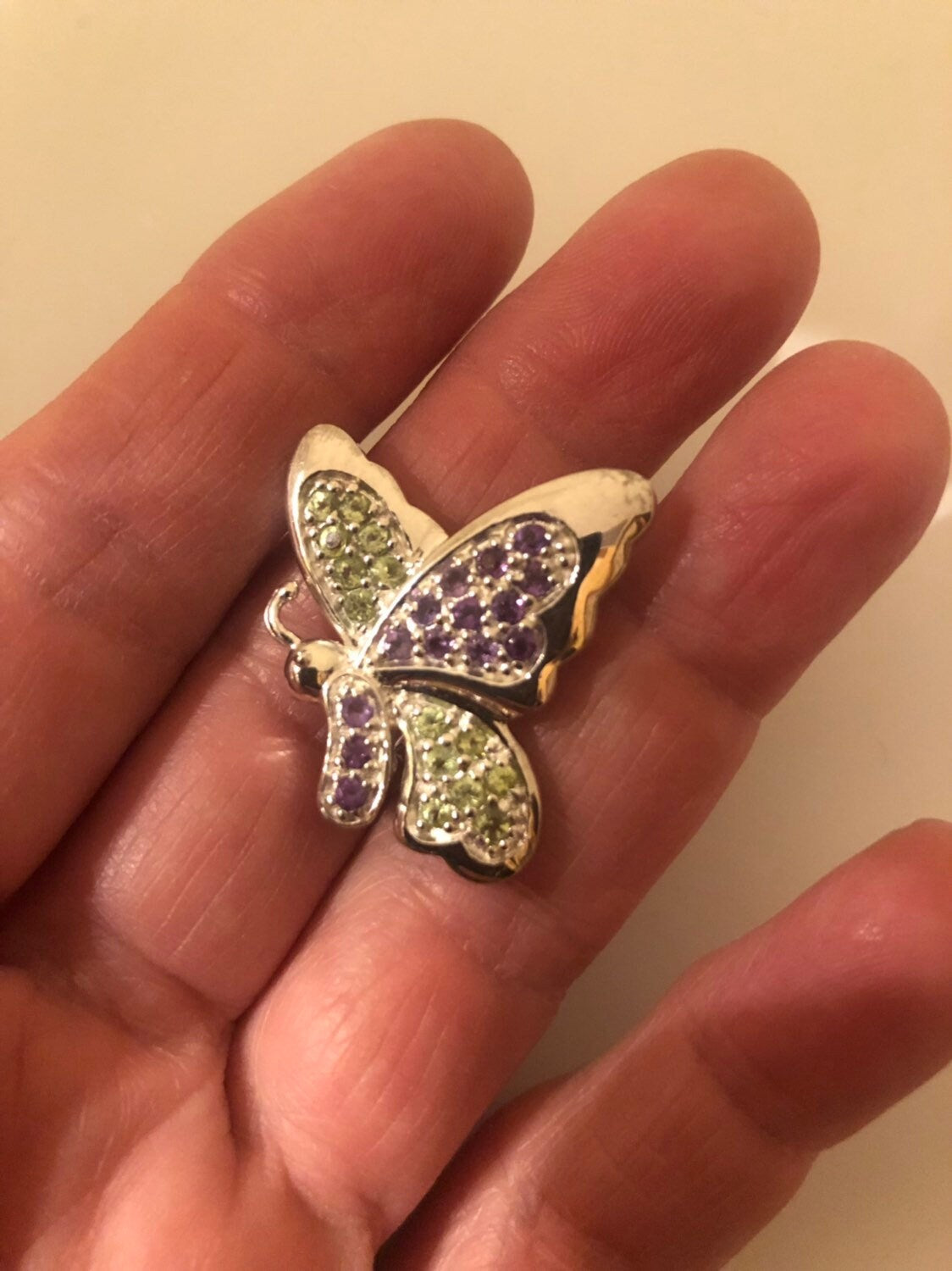 Vintage Handmade Peridot and Amethyst Sterling Silver Butterfly Brooch