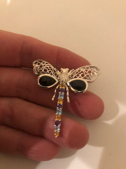 Vintage Handmade Genuine Gemstone Marcasite 925 Sterling Silver Brooch